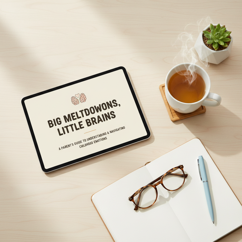 Big Meltdowns, Little Brains - lifestyle flat lay with tablet, tea and plants